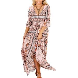 INDIKAH Peach Pink Floral Paisley Boho Lightweight Maxi Dress Sz XS